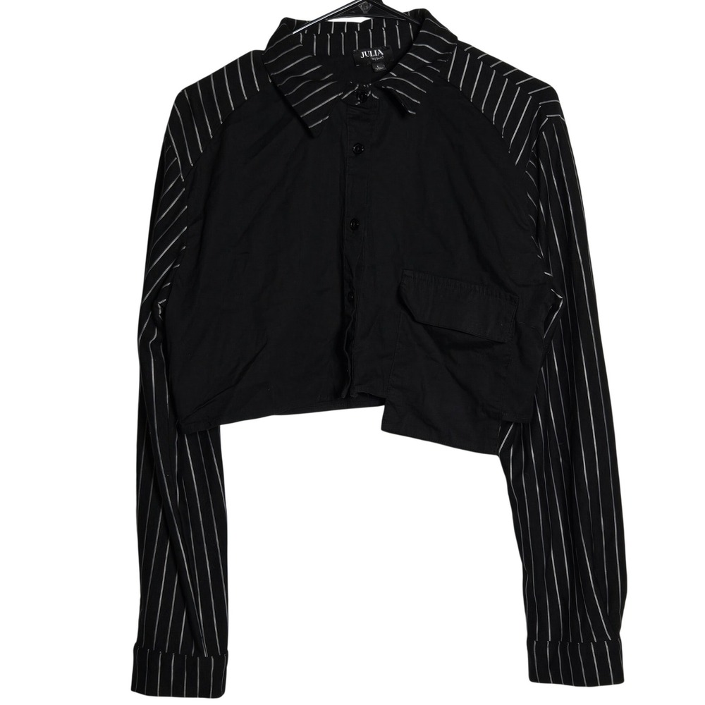 Black Pinstripe Cropped Shirt Large Grunge Goth Punk Dark Academia Edgy Alt Emo